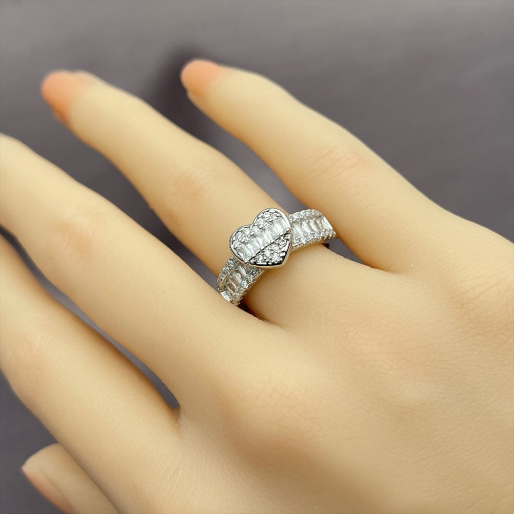 Rhodium Gold Filled Multi Stone Ring, Heart and Baguette Design, with White Cubic Zirconia, Polished, Rhodium Finish