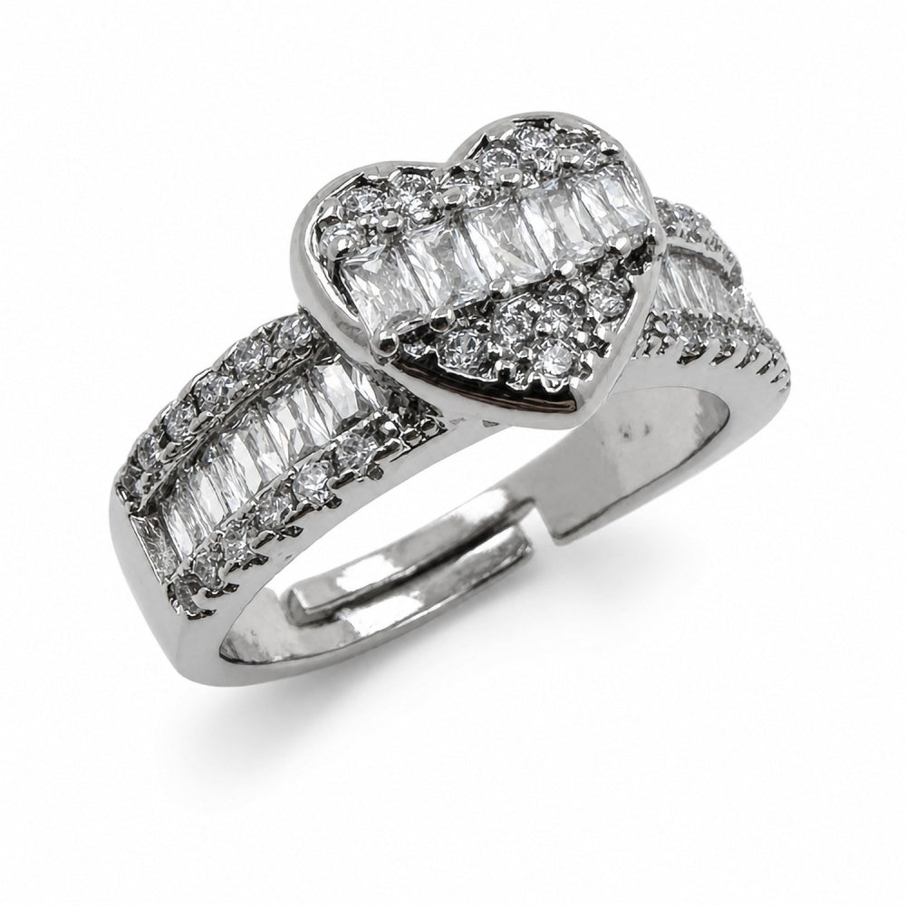 Rhodium Gold Filled Multi Stone Ring, Heart and Baguette Design, with White Cubic Zirconia, Polished, Rhodium Finish