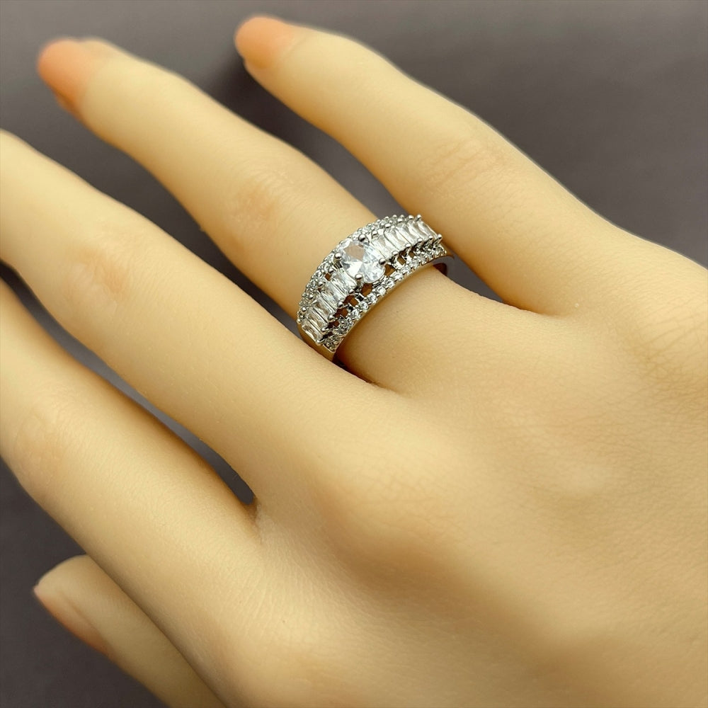 Rhodium Gold Filled Multi Stone Ring, Baguette and Cluster Design, with White Cubic Zirconia, Polished, Rhodium Finish