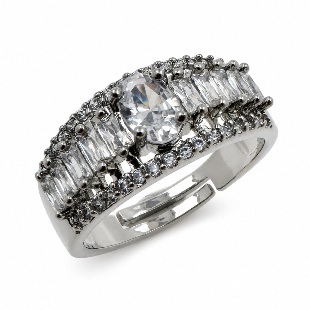 Rhodium Gold Filled Multi Stone Ring, Baguette and Cluster Design, with White Cubic Zirconia, Polished, Rhodium Finish