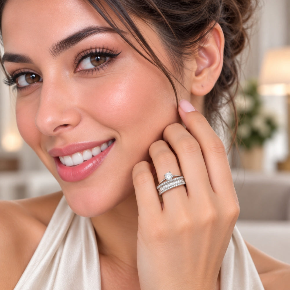 Rhodium Gold Filled Multi Stone Ring, Baguette and Diamond Design, with White Cubic Zirconia, Polished, Rhodium Finish