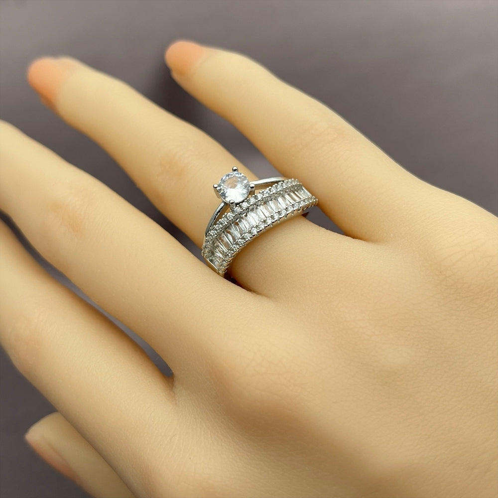 Rhodium Gold Filled Multi Stone Ring, Baguette and Diamond Design, with White Cubic Zirconia, Polished, Rhodium Finish