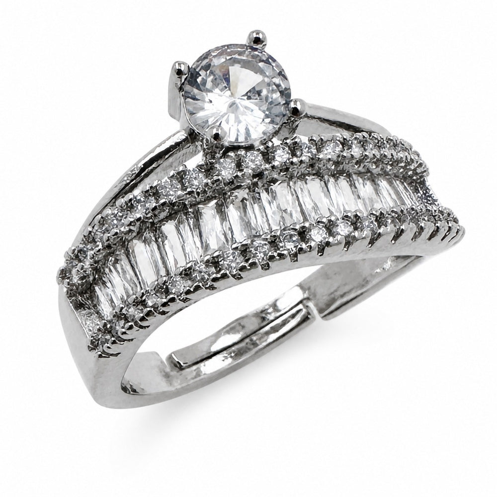 Rhodium Gold Filled Multi Stone Ring, Baguette and Diamond Design, with White Cubic Zirconia, Polished, Rhodium Finish