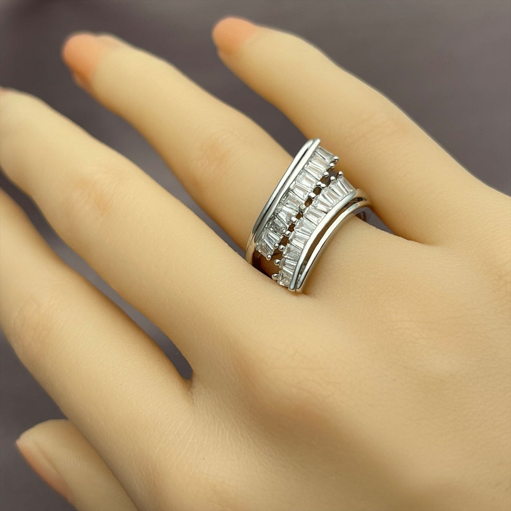 Rhodium Gold Filled Multi Stone Ring, Baguette Design, with White Cubic Zirconia, Polished, Rhodium Finish