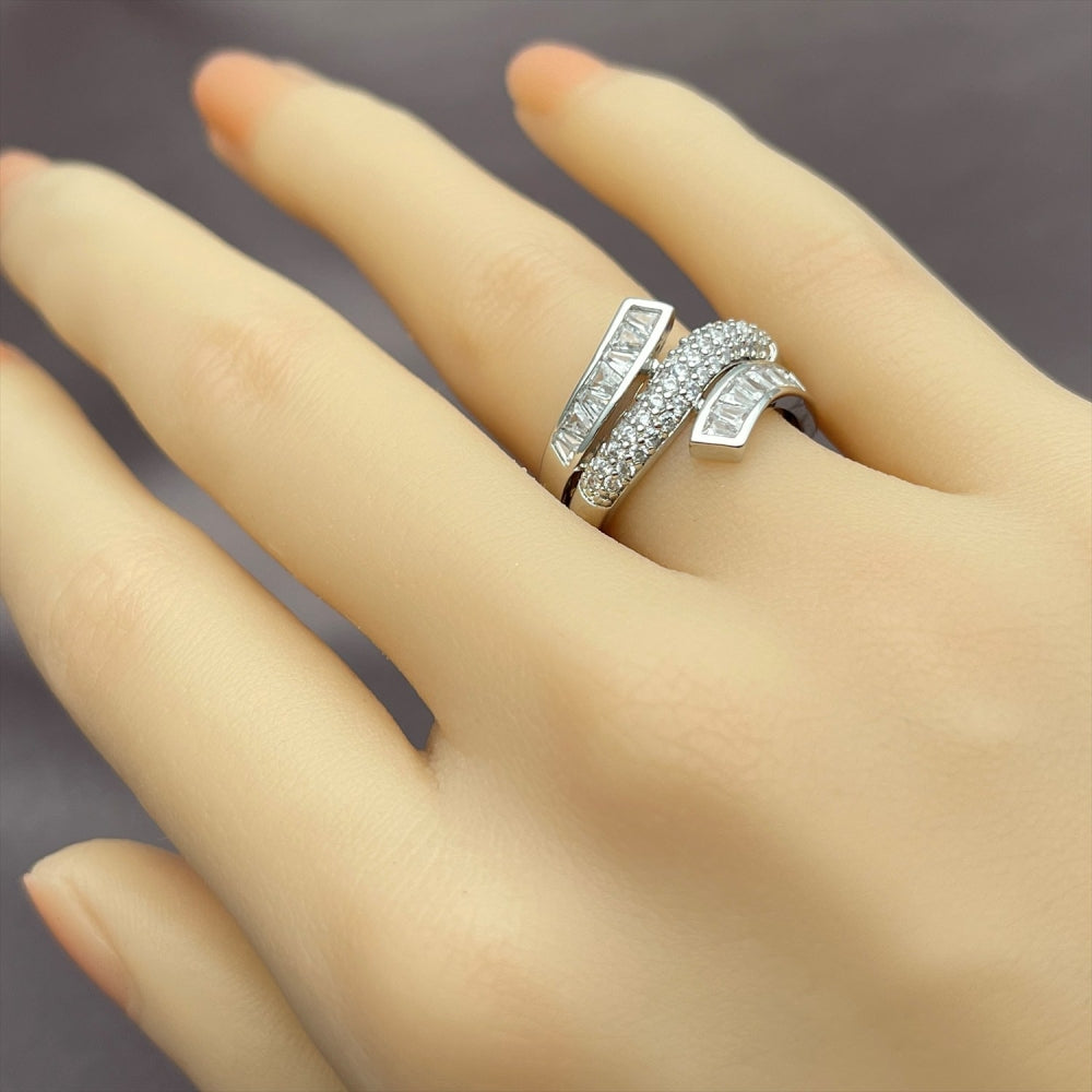 Rhodium Gold Filled Multi Stone Ring, Baguette Design, with White Cubic Zirconia, Polished, Rhodium Finish