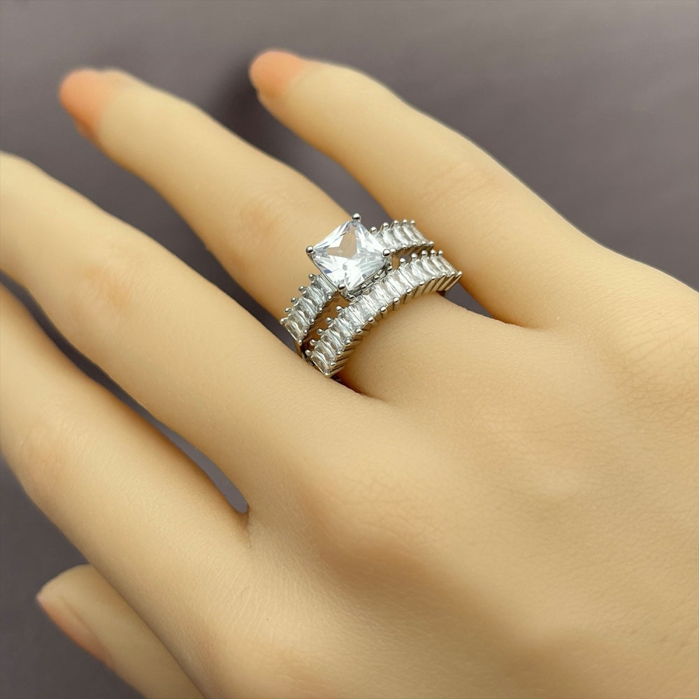 Rhodium Gold Filled Multi Stone Ring, Baguette Design, with White Cubic Zirconia, Polished, Rhodium Finish
