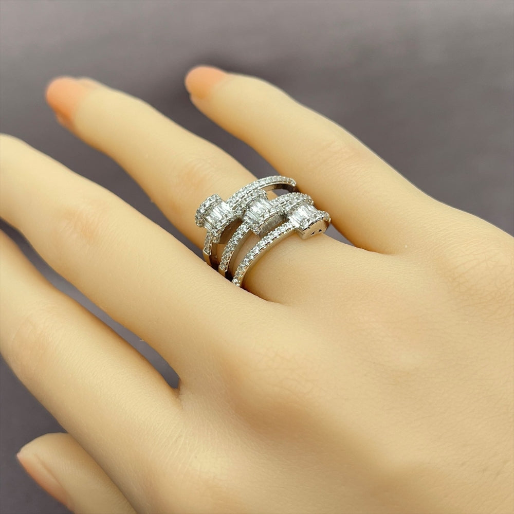Rhodium Gold Filled Multi Stone Ring, Baguette Design, with White Micro Pave and White Cubic Zirconia, Polished, Rhodium Finish