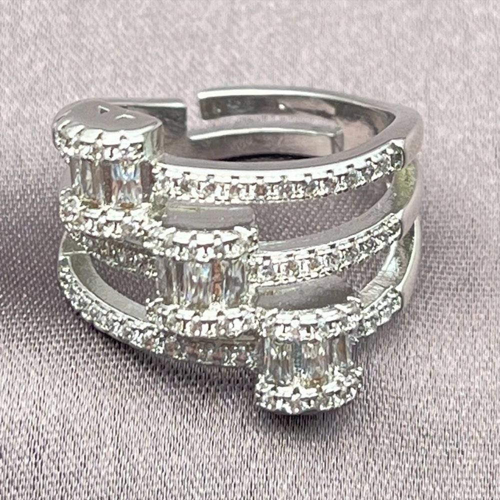 Rhodium Gold Filled Multi Stone Ring, Baguette Design, with White Micro Pave and White Cubic Zirconia, Polished, Rhodium Finish