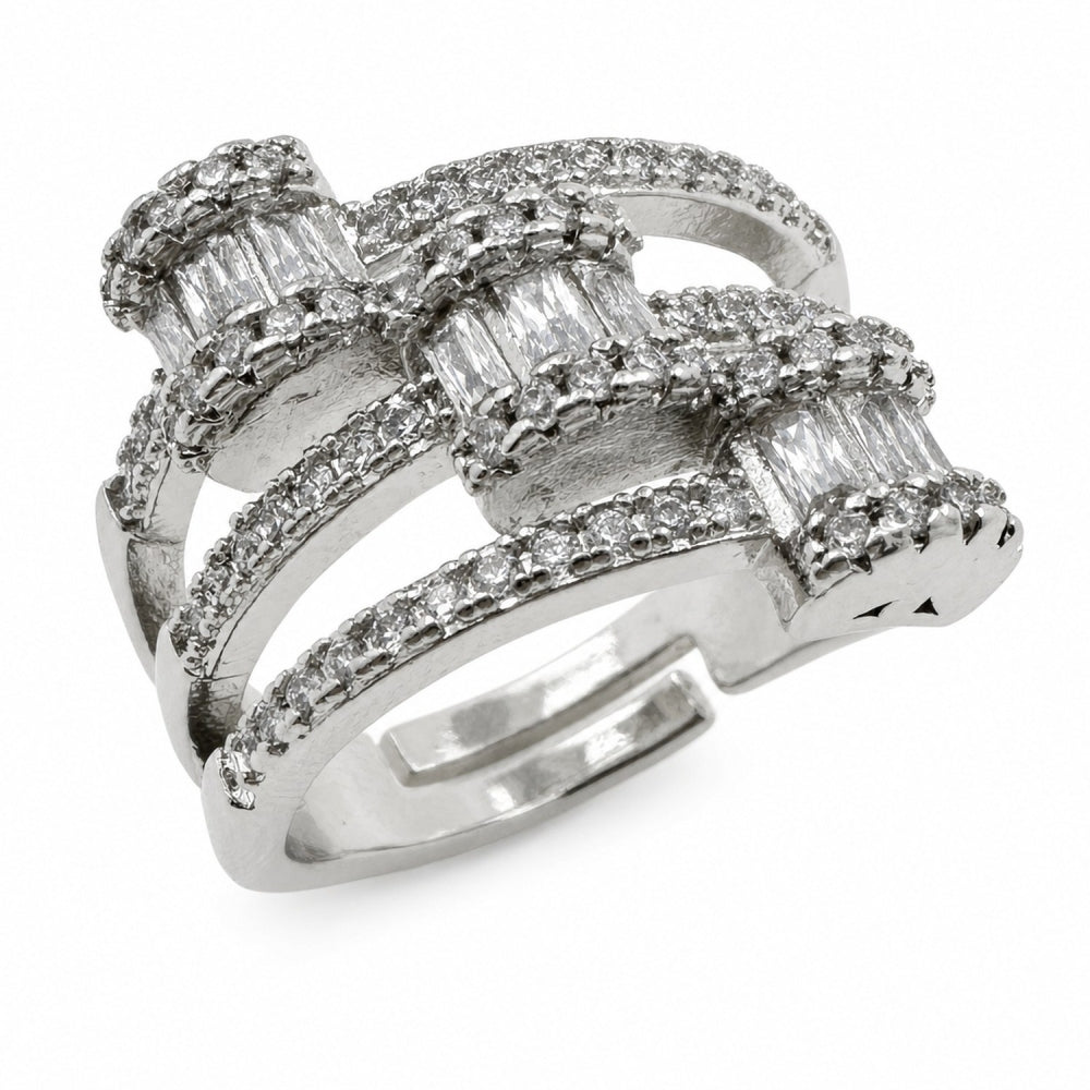 Rhodium Gold Filled Multi Stone Ring, Baguette Design, with White Micro Pave and White Cubic Zirconia, Polished, Rhodium Finish
