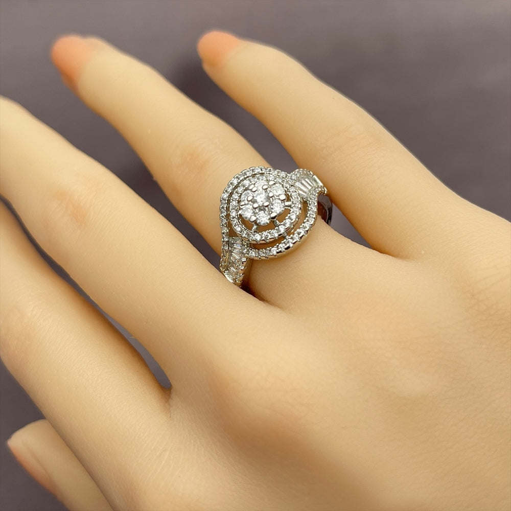 Rhodium Gold Filled Multi Stone Ring, Baguette and Cluster Design, with White Cubic Zirconia, Polished, Rhodium Finish