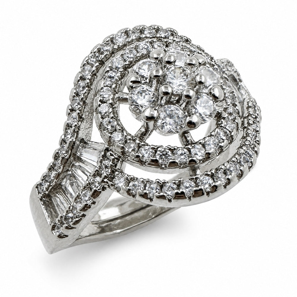 Rhodium Gold Filled Multi Stone Ring, Baguette and Cluster Design, with White Cubic Zirconia, Polished, Rhodium Finish