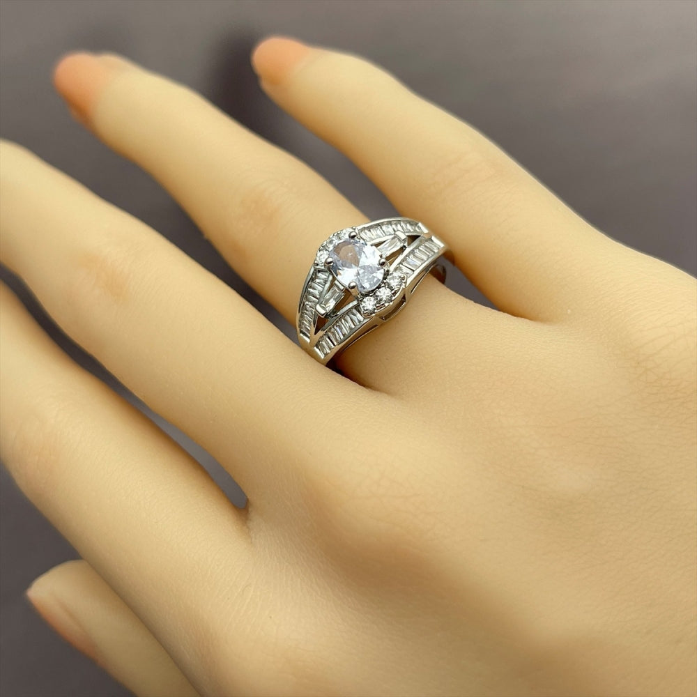 Rhodium Gold Filled Multi Stone Ring, Baguette and Cluster Design, with White Cubic Zirconia, Polished, Rhodium Finish