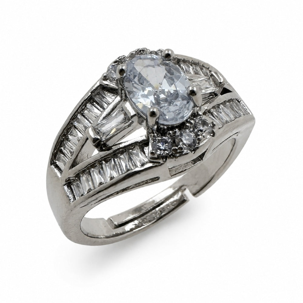 Rhodium Gold Filled Multi Stone Ring, Baguette and Cluster Design, with White Cubic Zirconia, Polished, Rhodium Finish