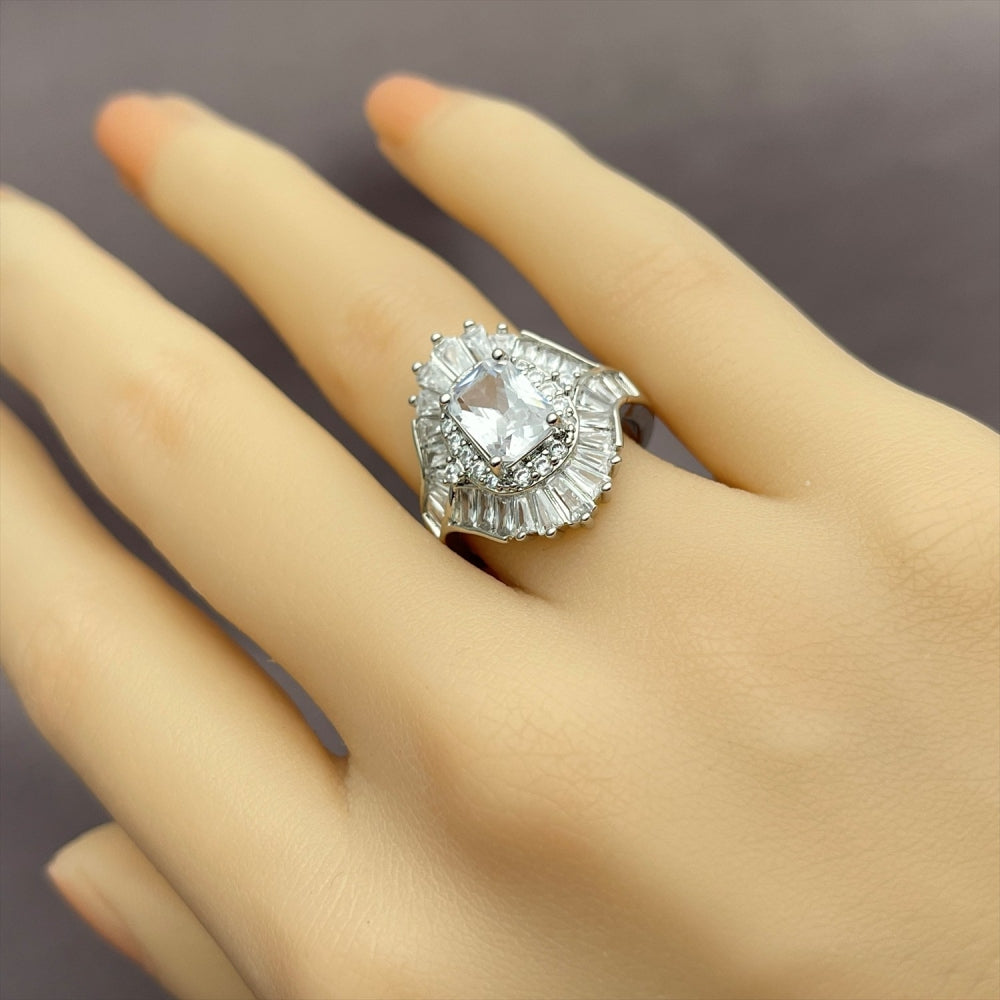 Rhodium Gold Filled Multi Stone Ring, Baguette and Cluster Design, with White Cubic Zirconia, Polished, Rhodium Finish