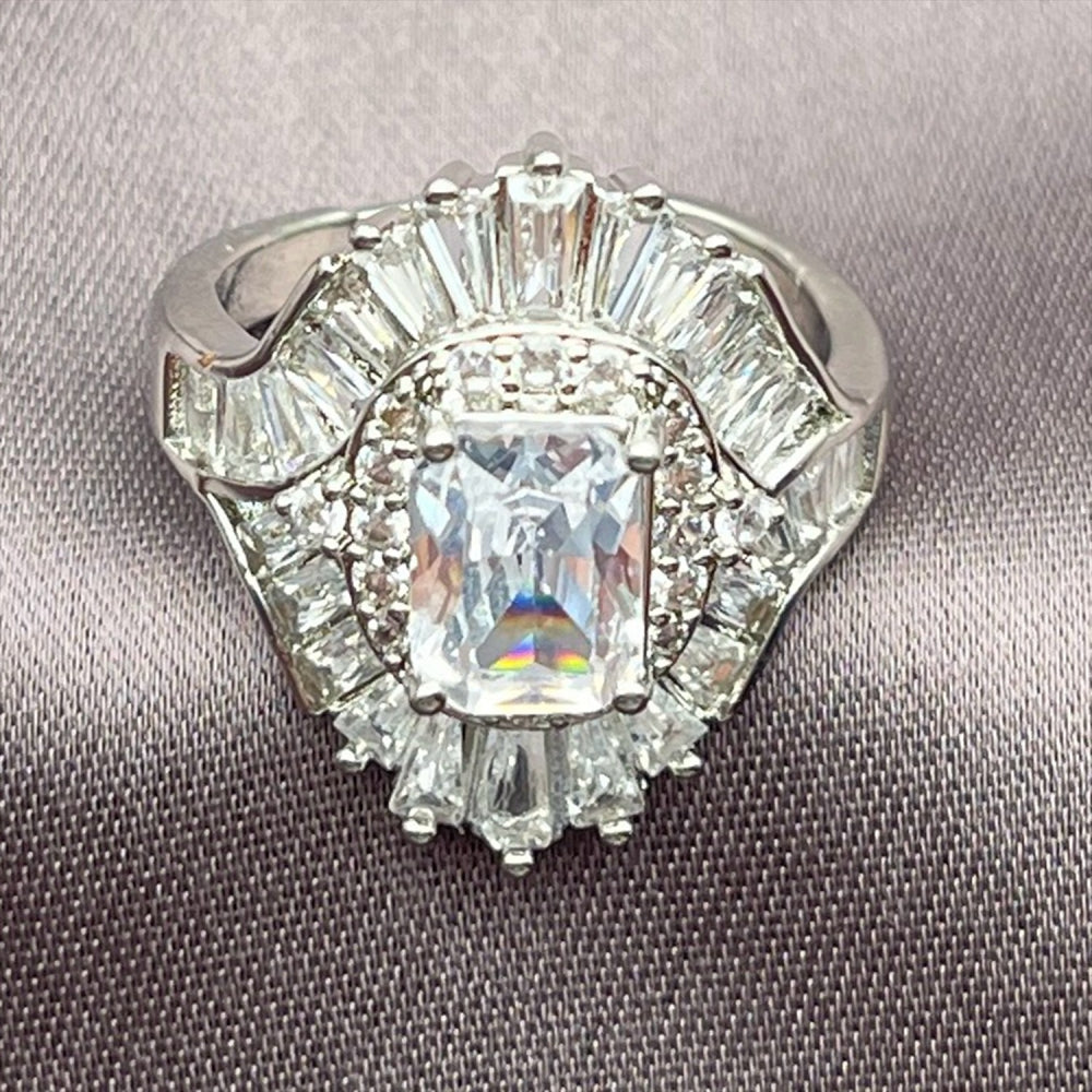 Rhodium Gold Filled Multi Stone Ring, Baguette and Cluster Design, with White Cubic Zirconia, Polished, Rhodium Finish
