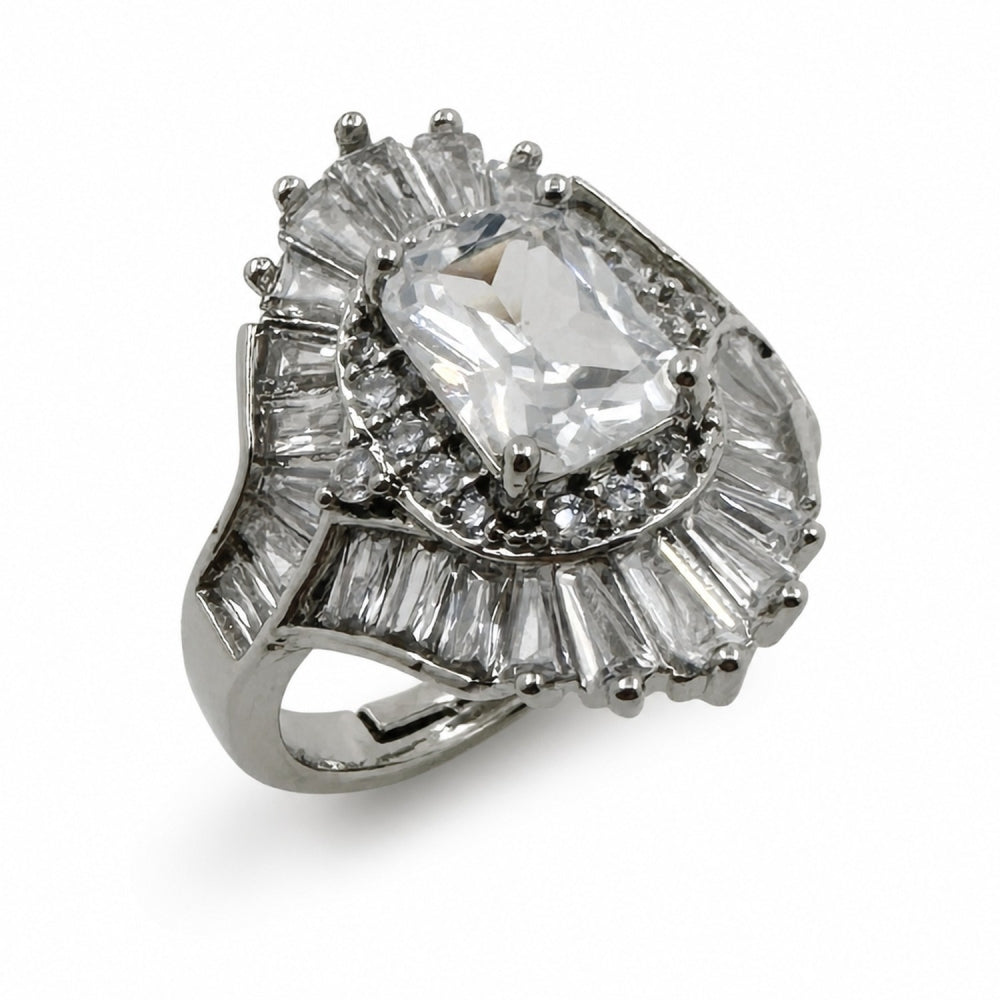 Rhodium Gold Filled Multi Stone Ring, Baguette and Cluster Design, with White Cubic Zirconia, Polished, Rhodium Finish