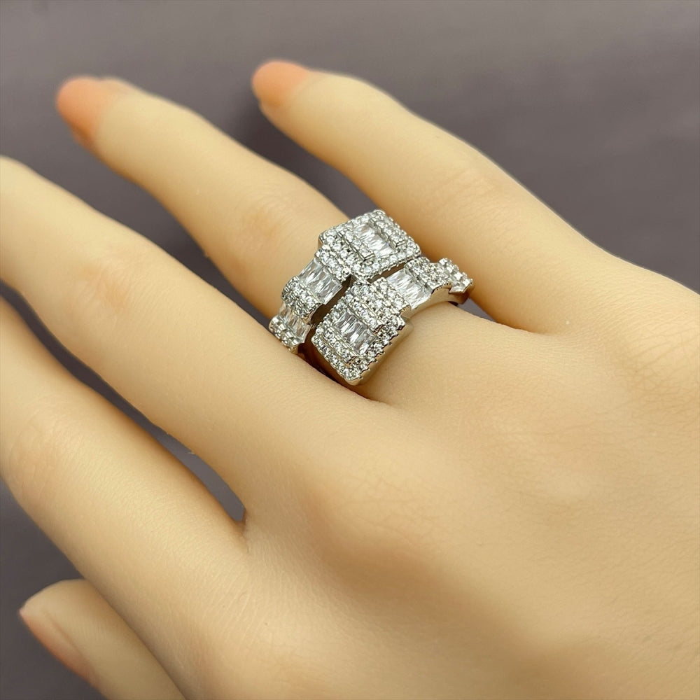 Rhodium Gold Filled Multi Stone Ring, Baguette and Belt Buckle Design, Polished, Rhodium Finish
