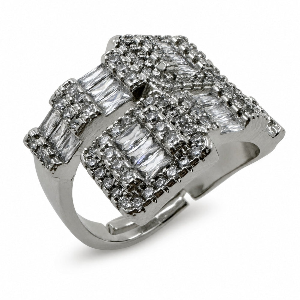 Rhodium Gold Filled Multi Stone Ring, Baguette and Belt Buckle Design, Polished, Rhodium Finish