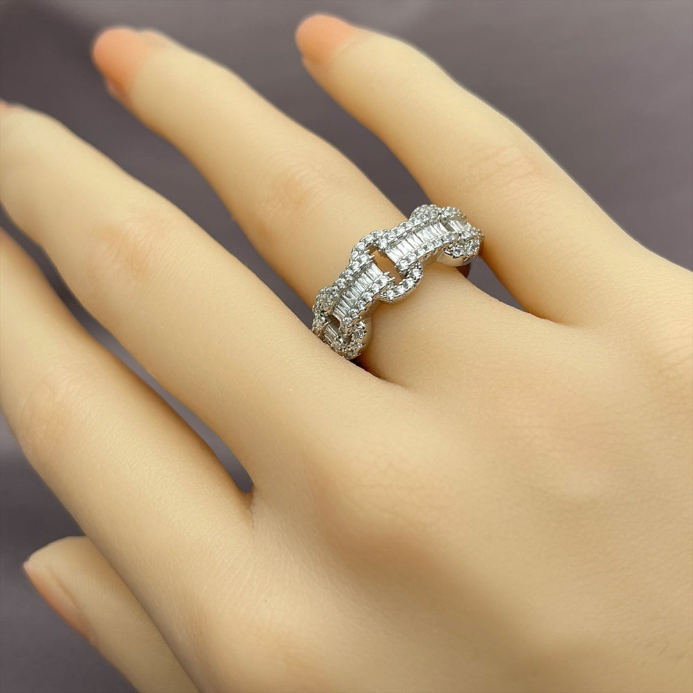Rhodium Gold Filled Multi Stone Ring, Belt Buckle and Baguette Design, with White Cubic Zirconia, Polished, Rhodium Finish