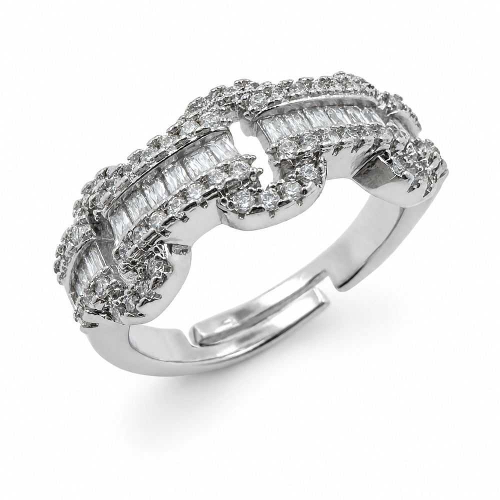 Rhodium Gold Filled Multi Stone Ring, Belt Buckle and Baguette Design, with White Cubic Zirconia, Polished, Rhodium Finish