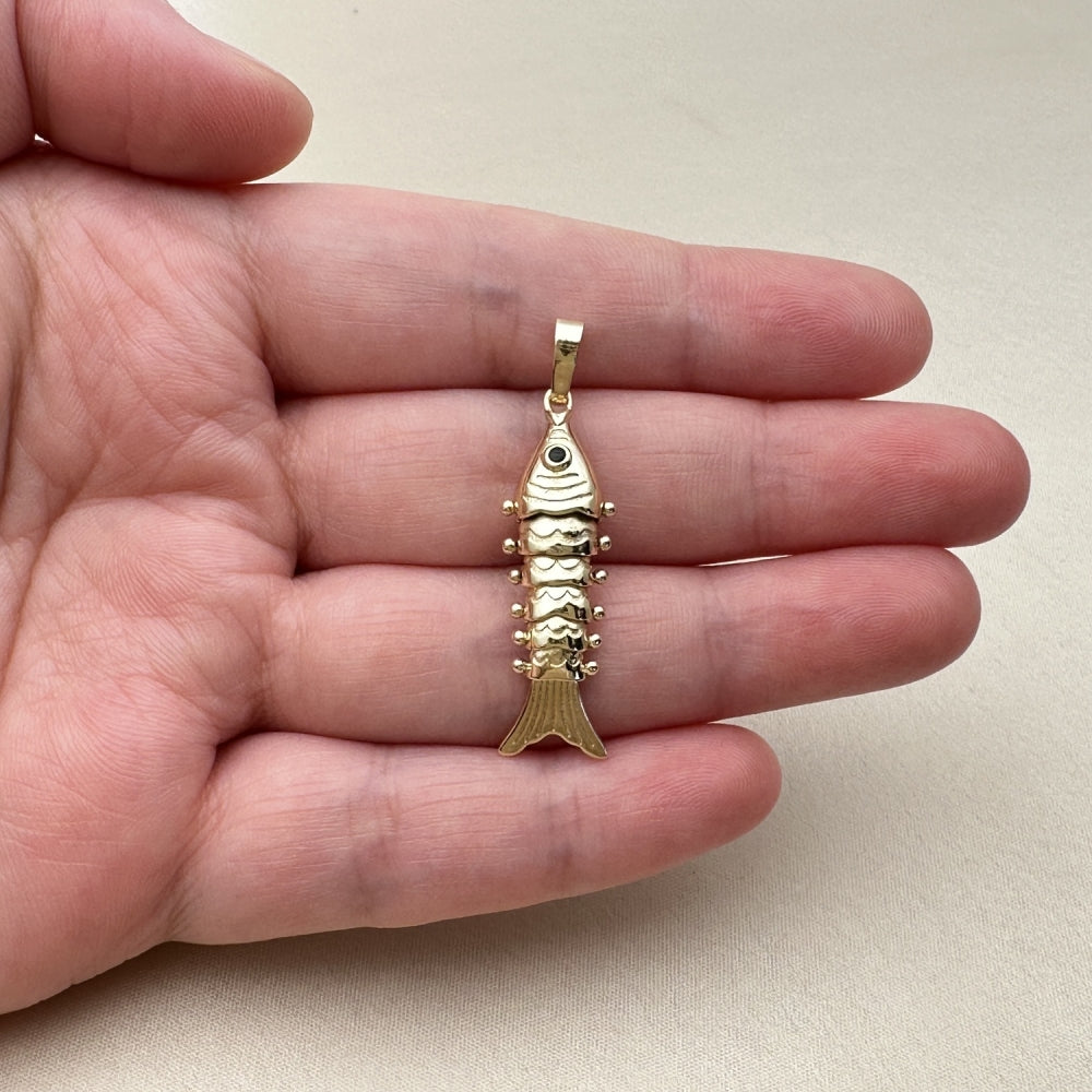 Oro Laminado Fancy Pendant, Gold Filled Style Fish Design, with Black Cubic Zirconia, Polished, Golden Finish