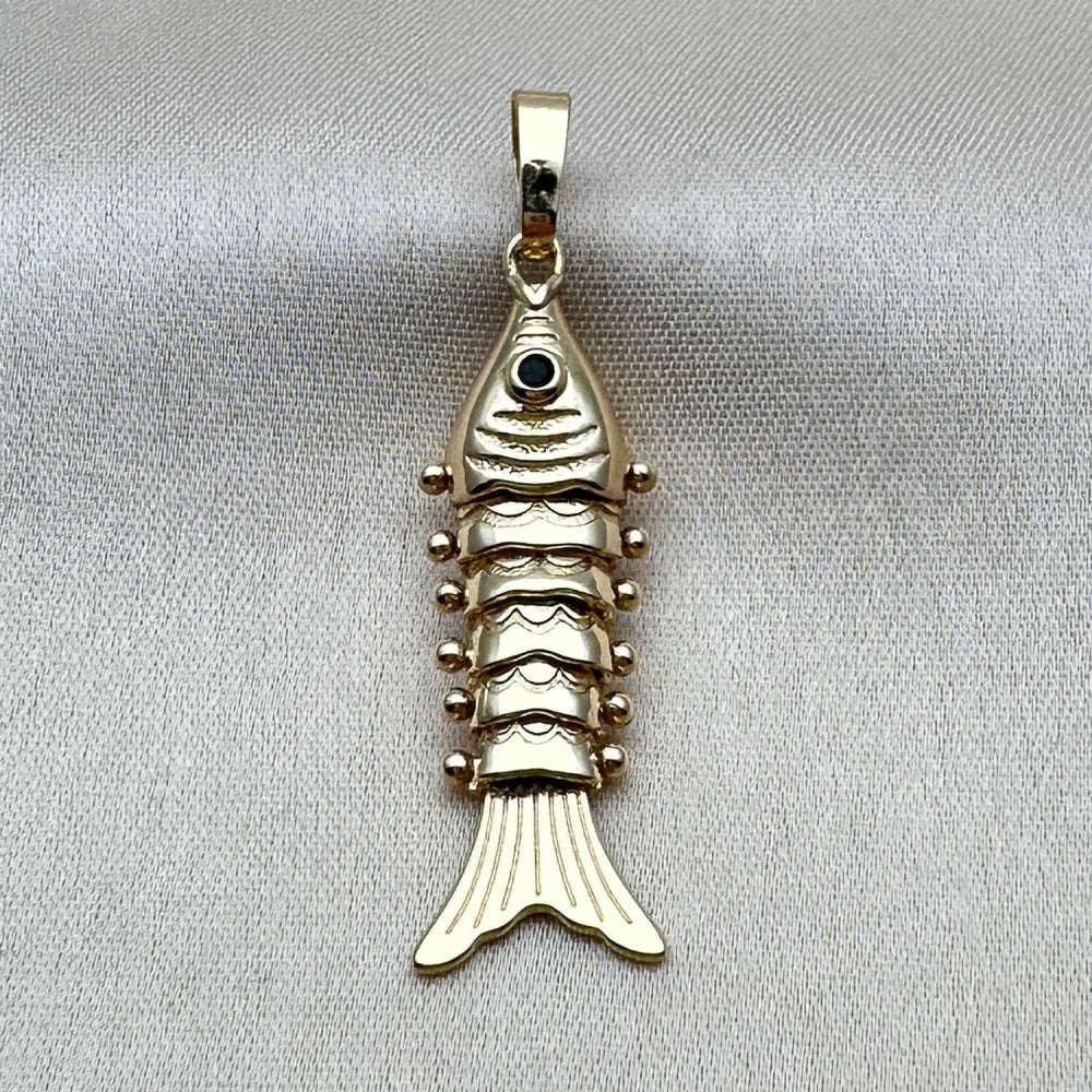 Oro Laminado Fancy Pendant, Gold Filled Style Fish Design, with Black Cubic Zirconia, Polished, Golden Finish