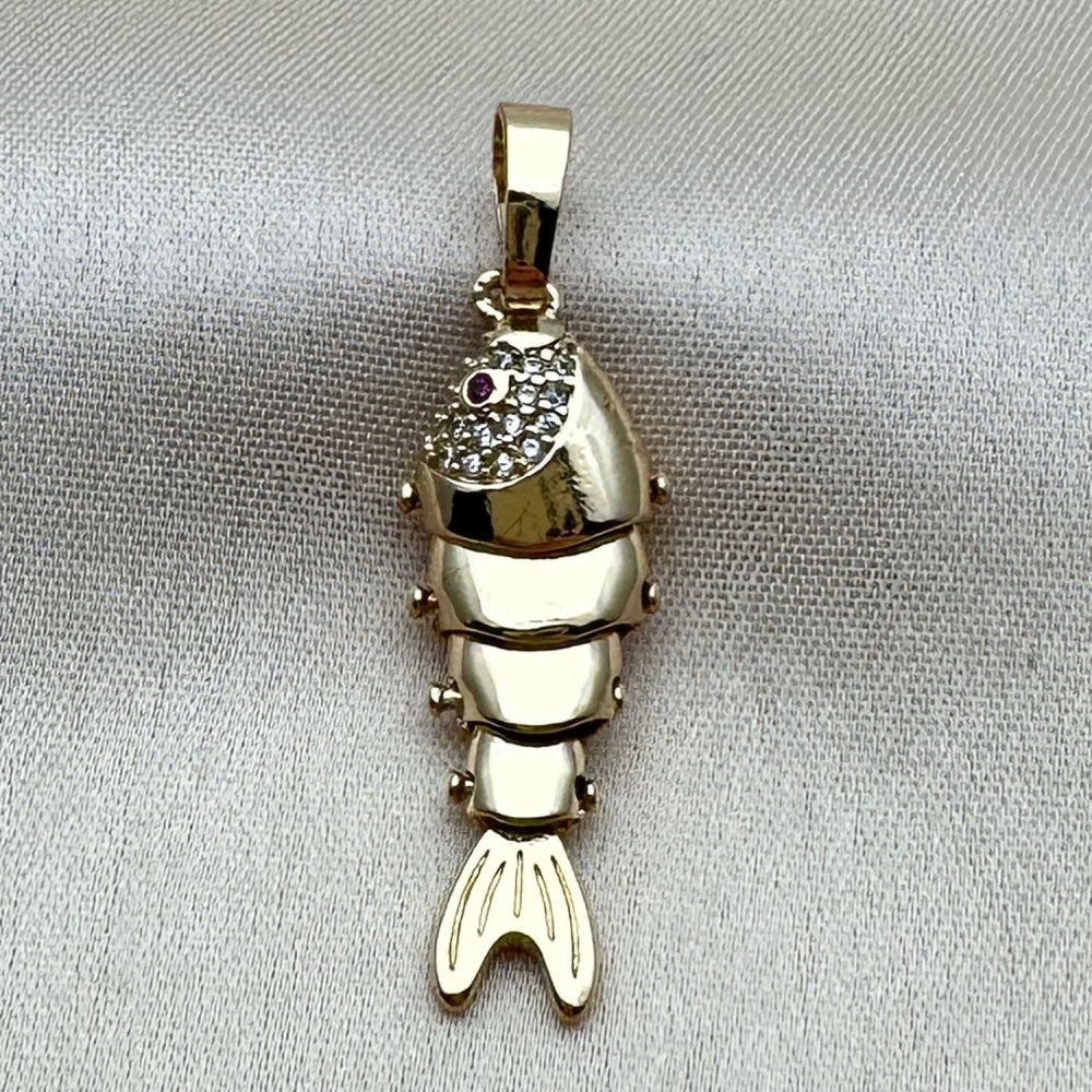 Oro Laminado Fancy Pendant, Gold Filled Style Fish Design, with White and Ruby Cubic Zirconia, Polished, Golden Finish