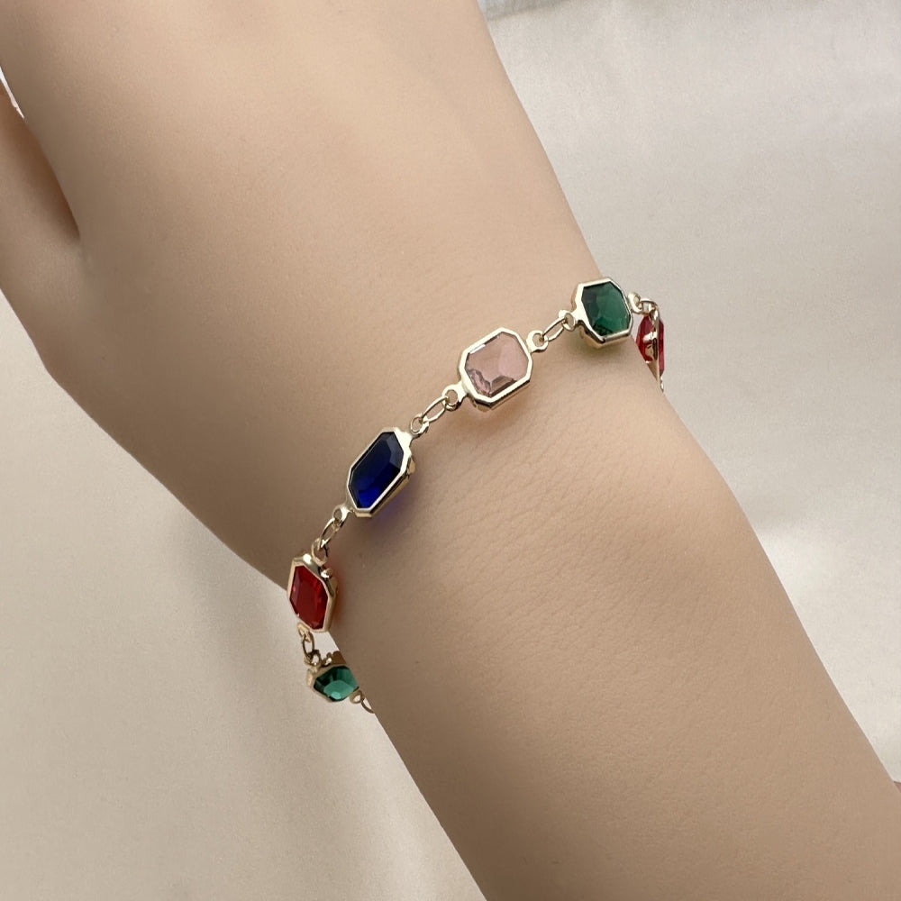Oro Laminado Fancy Bracelet, Gold Filled Style with Multicolor Crystal, Polished, Golden Finish