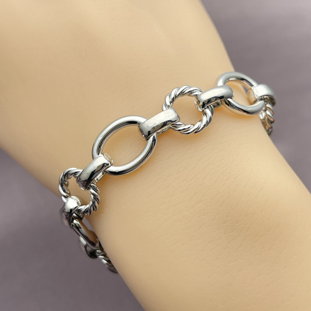 White Gold Filled Fancy Bracelet, Twist and Rolo Design, Polished, Rhodium Finish