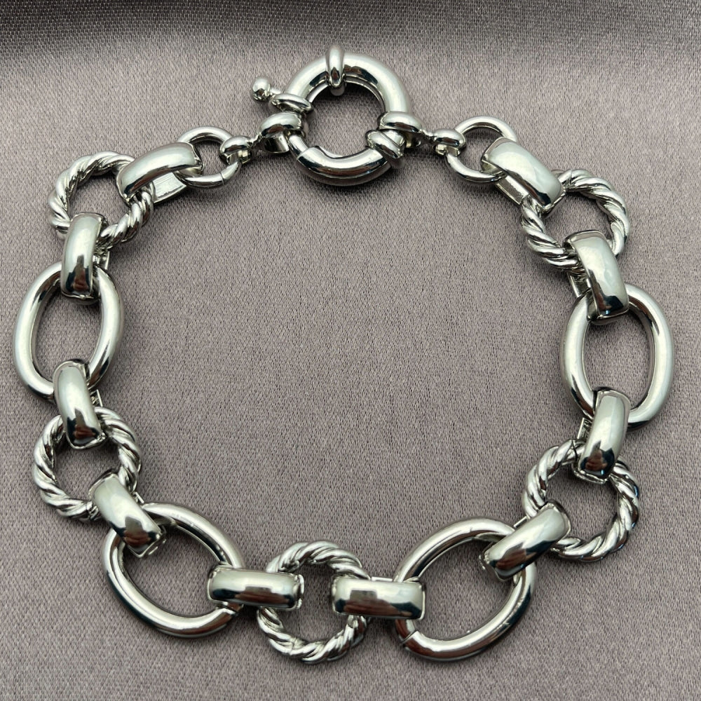 White Gold Filled Fancy Bracelet, Twist and Rolo Design, Polished, Rhodium Finish