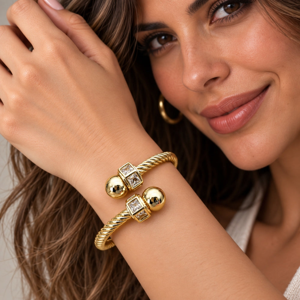 Oro Laminado Individual Bangle, Gold Filled Style Twist and Ball Design, with White Cubic Zirconia, Polished, Golden Finish
