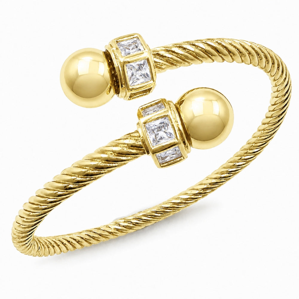 Oro Laminado Individual Bangle, Gold Filled Style Twist and Ball Design, with White Cubic Zirconia, Polished, Golden Finish
