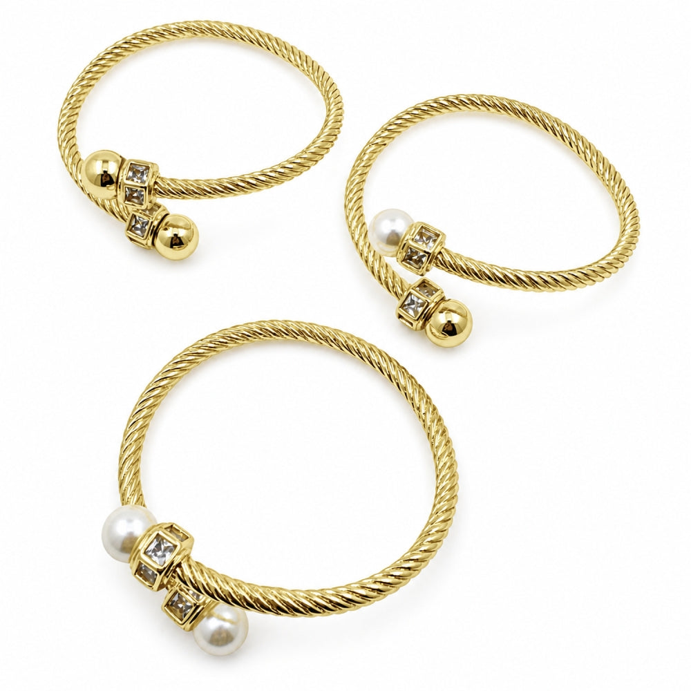 Oro Laminado Individual Bangle, Gold Filled Style Twist and Ball Design, with White Cubic Zirconia, Polished, Golden Finish