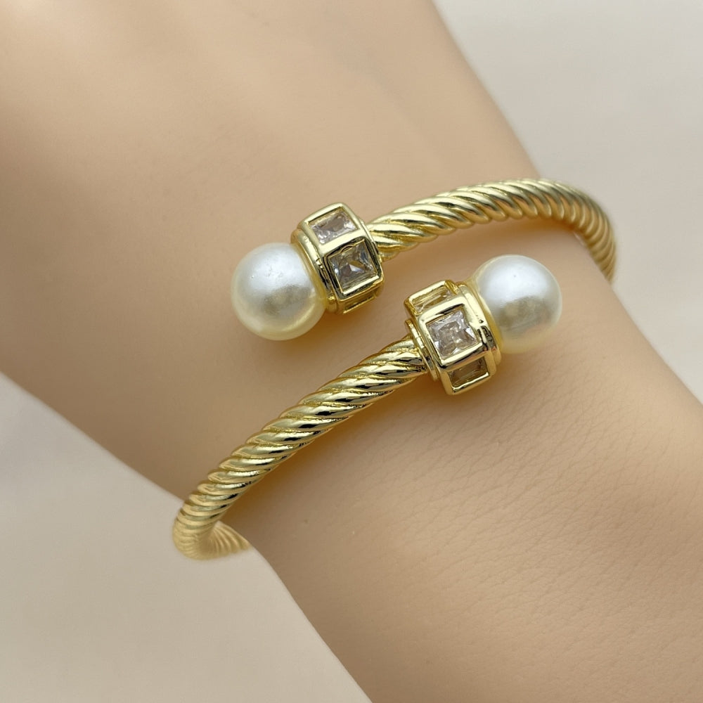 Oro Laminado Individual Bangle, Gold Filled Style Twist and Ball Design, with Ivory Pearl and White Cubic Zirconia, Polished, Golden Finish