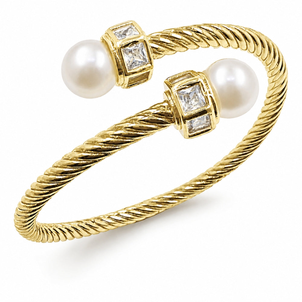Oro Laminado Individual Bangle, Gold Filled Style Twist and Ball Design, with Ivory Pearl and White Cubic Zirconia, Polished, Golden Finish