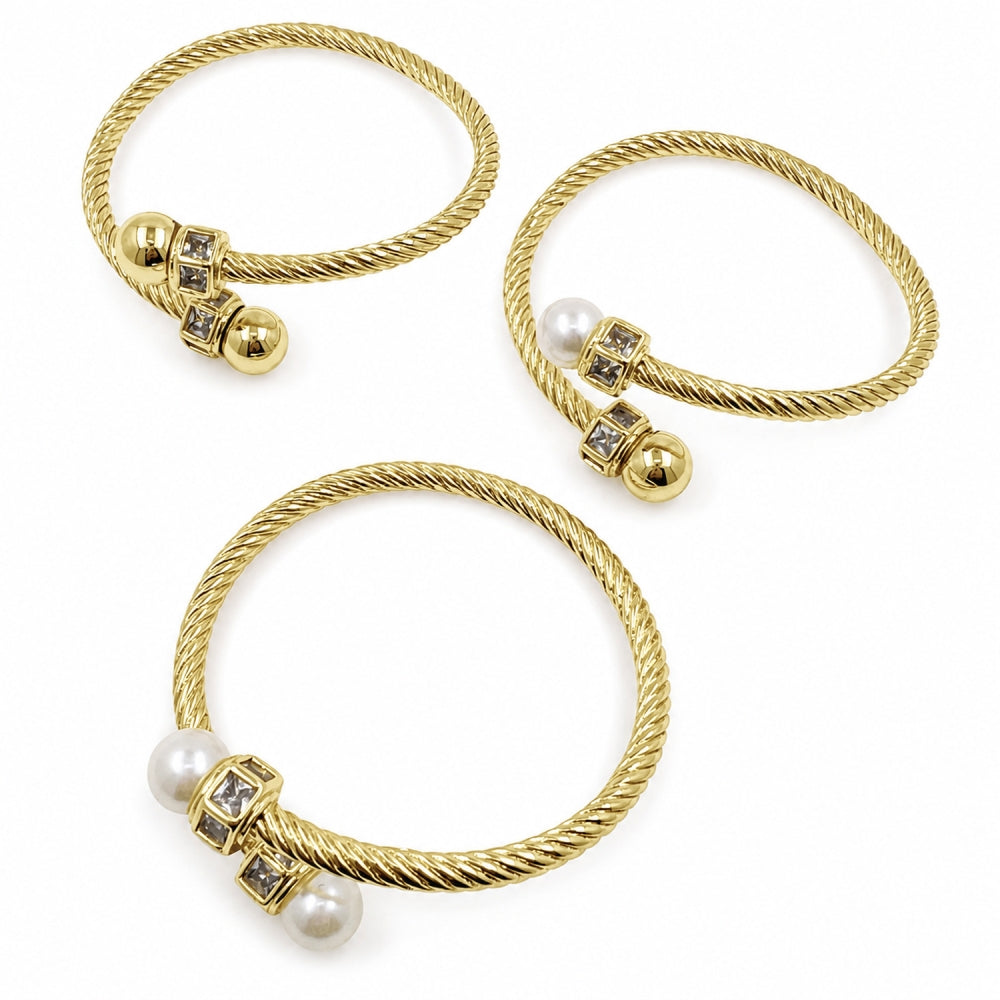 Oro Laminado Individual Bangle, Gold Filled Style Twist and Ball Design, with Ivory Pearl and White Cubic Zirconia, Polished, Golden Finish