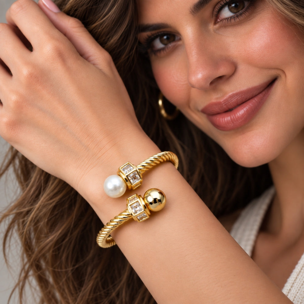 Oro Laminado Individual Bangle, Gold Filled Style Twist and Ball Design, with Ivory Pearl and White Cubic Zirconia, Polished, Golden Finish