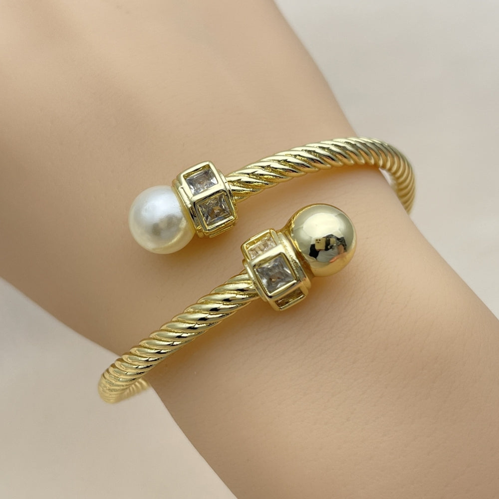Oro Laminado Individual Bangle, Gold Filled Style Twist and Ball Design, with Ivory Pearl and White Cubic Zirconia, Polished, Golden Finish