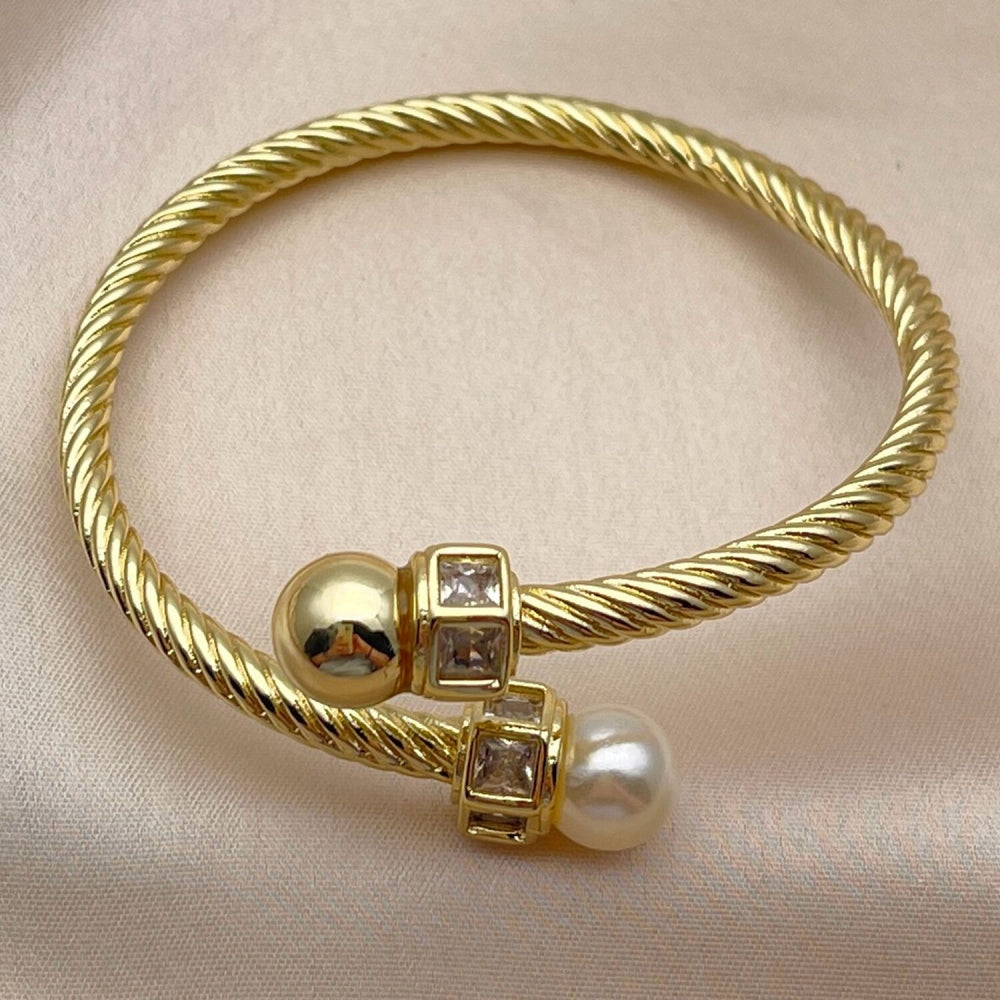 Oro Laminado Individual Bangle, Gold Filled Style Twist and Ball Design, with Ivory Pearl and White Cubic Zirconia, Polished, Golden Finish