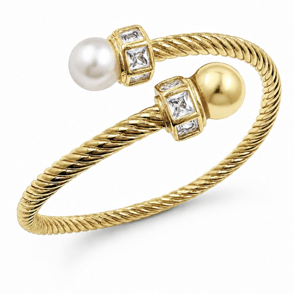 Oro Laminado Individual Bangle, Gold Filled Style Twist and Ball Design, with Ivory Pearl and White Cubic Zirconia, Polished, Golden Finish