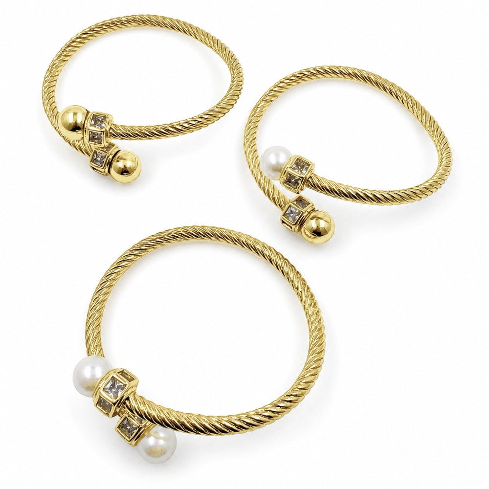 Oro Laminado Individual Bangle, Gold Filled Style Twist and Ball Design, with Ivory Pearl and White Cubic Zirconia, Polished, Golden Finish