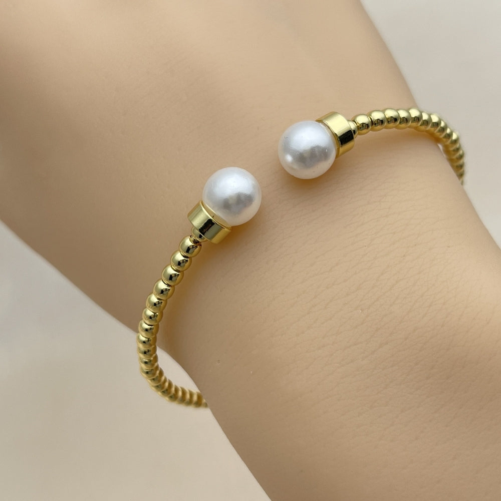 Oro Laminado Individual Bangle, Gold Filled Style Ball and Twist Design, with Ivory Pearl, Polished, Golden Finish