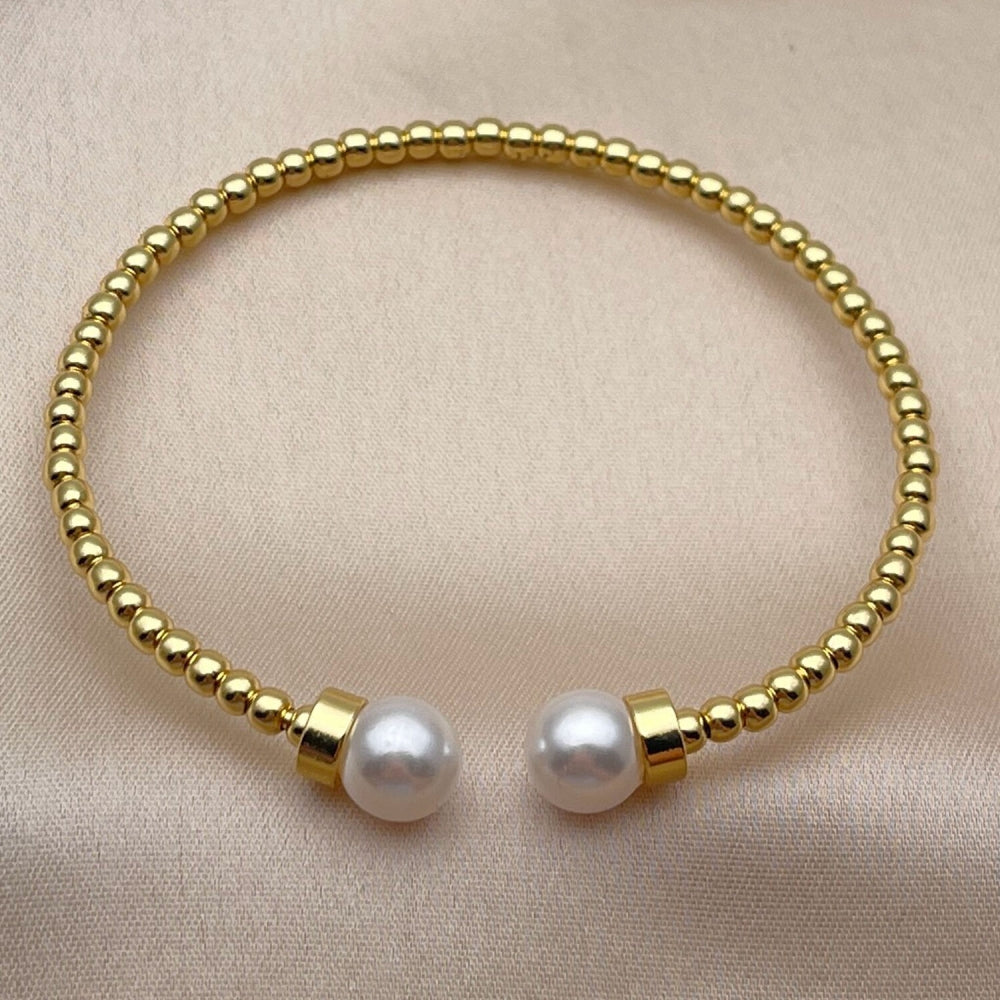 Oro Laminado Individual Bangle, Gold Filled Style Ball and Twist Design, with Ivory Pearl, Polished, Golden Finish