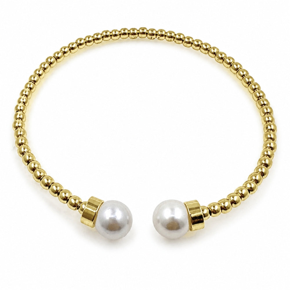 Oro Laminado Individual Bangle, Gold Filled Style Ball and Twist Design, with Ivory Pearl, Polished, Golden Finish