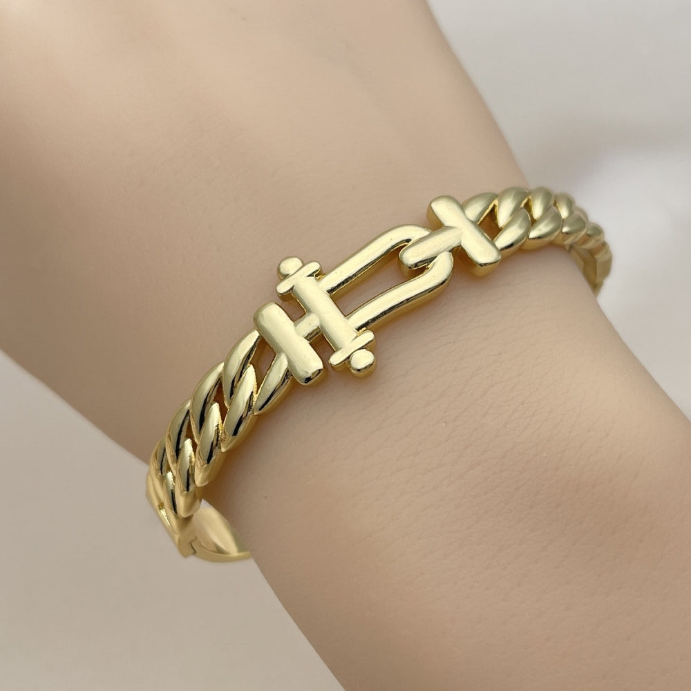 Stainless Steel Individual Bangle, Belt Buckle and Miami Cuban Design, Polished, Golden Finish