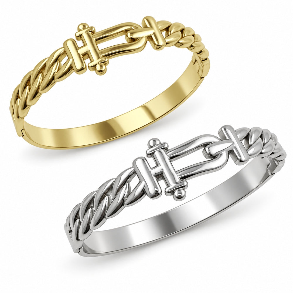 Stainless Steel Individual Bangle, Belt Buckle and Miami Cuban Design, Polished, Golden Finish