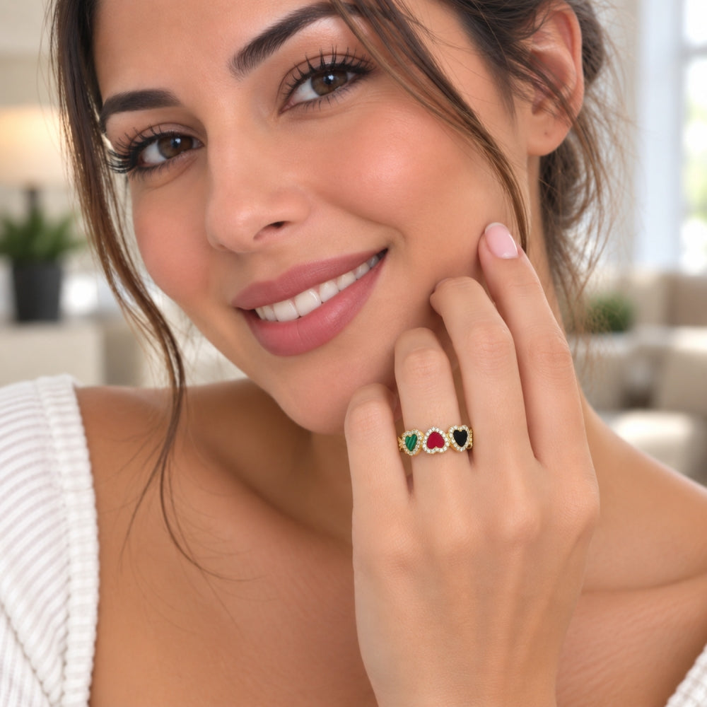 Oro Laminado Multi Stone Ring, Gold Filled Style Heart and Cluster Design, with Multicolor Mother of Pearl and White Micro Pave, Polished, Golden Finish
