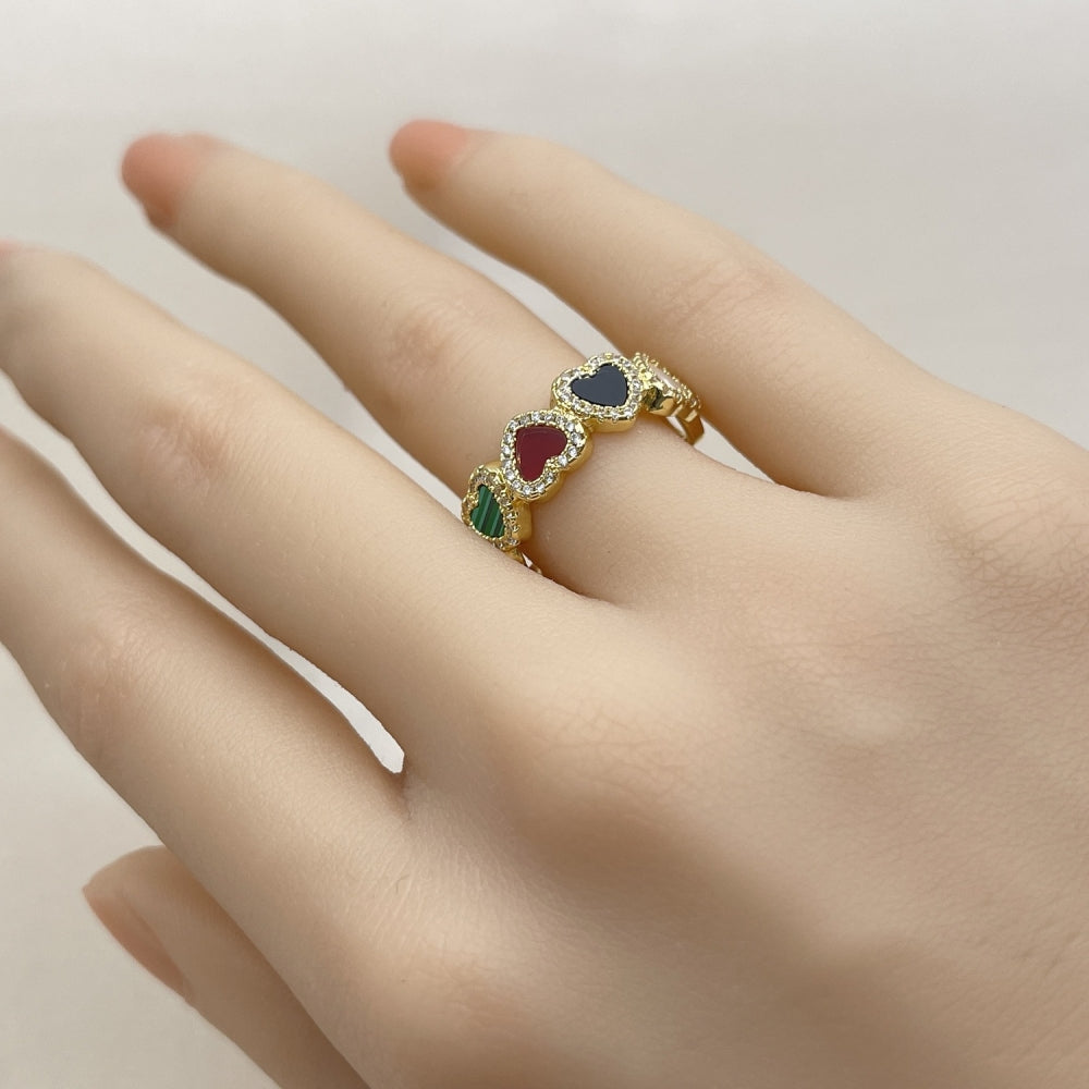 Oro Laminado Multi Stone Ring, Gold Filled Style Heart and Cluster Design, with Multicolor Mother of Pearl and White Micro Pave, Polished, Golden Finish