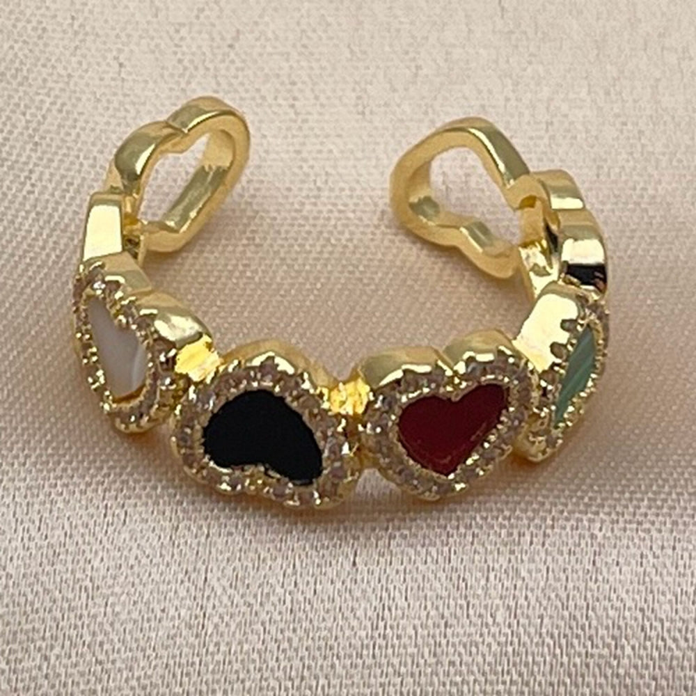 Oro Laminado Multi Stone Ring, Gold Filled Style Heart and Cluster Design, with Multicolor Mother of Pearl and White Micro Pave, Polished, Golden Finish