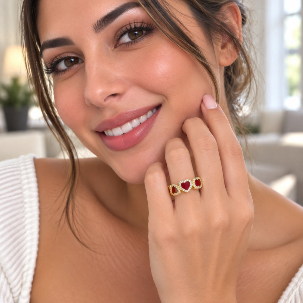 Oro Laminado Multi Stone Ring, Gold Filled Style Heart and Cluster Design, with Light Siam Mother of Pearl and White Micro Pave, Polished, Golden Finish